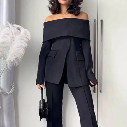Two-Piece Off-Shoulder Single Breasted Suit with Flared Pants